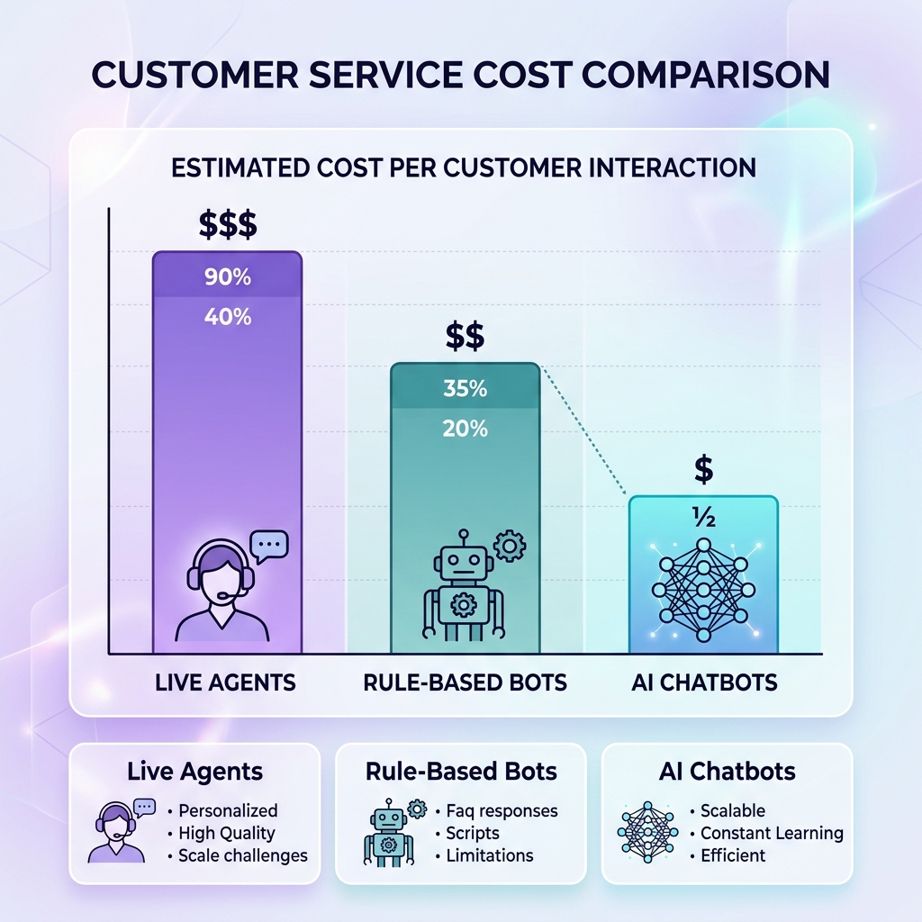 Live Agent vs Rule-Based Bot vs AI Chatbot Cost Graph