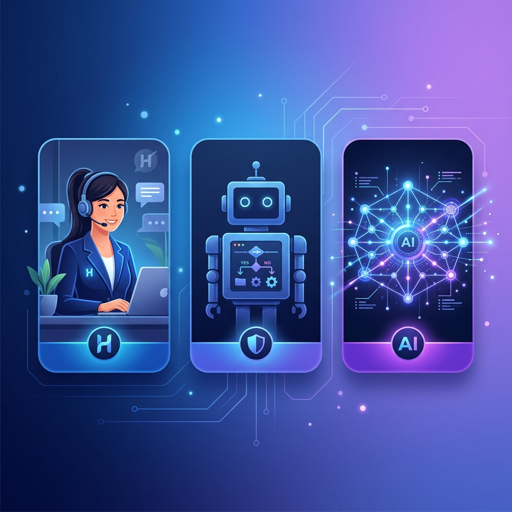 Human Chat Agent vs Chatbot vs AI Chatbot Comparison